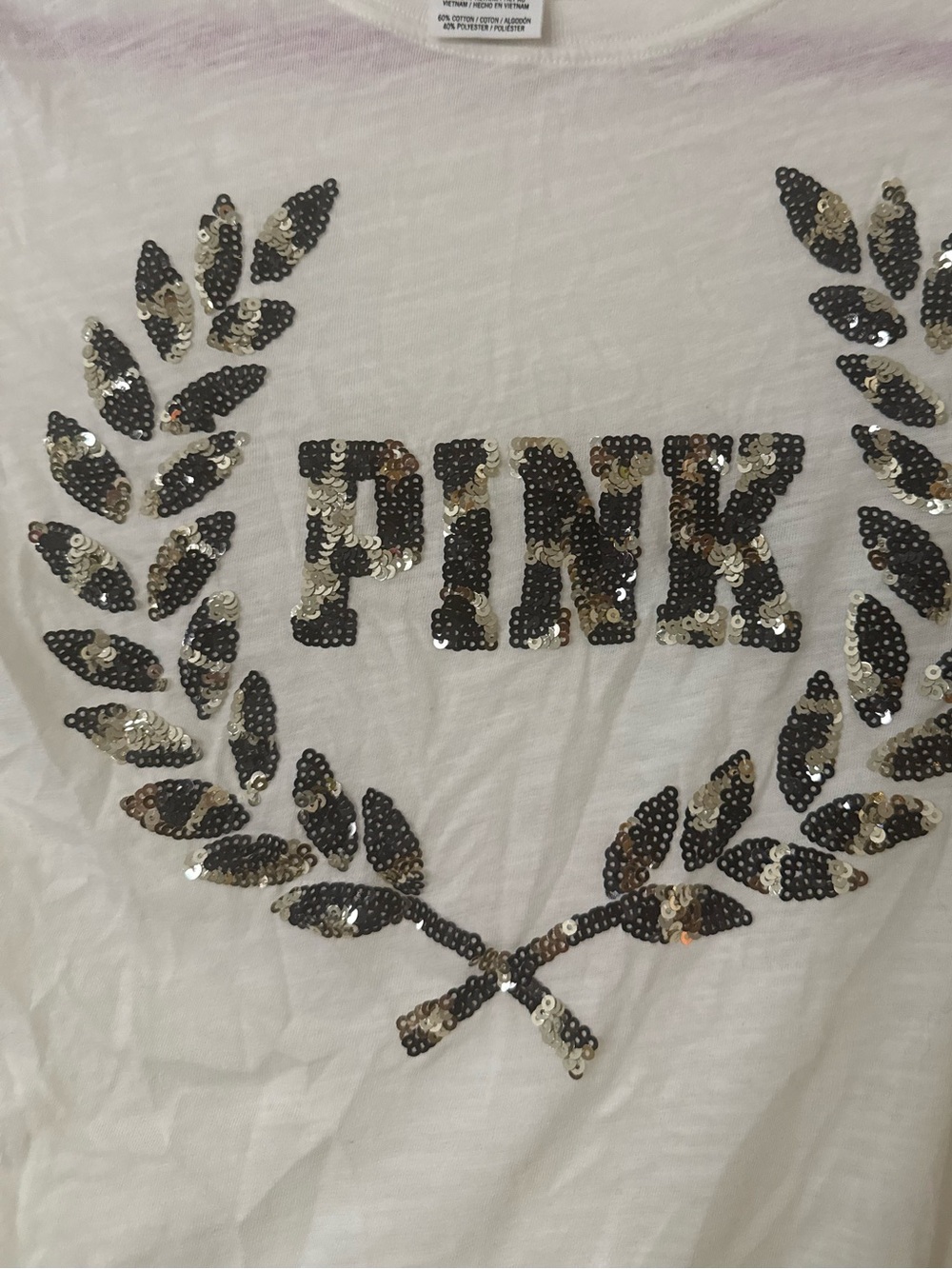 PINK Sequined Logo Tee - White